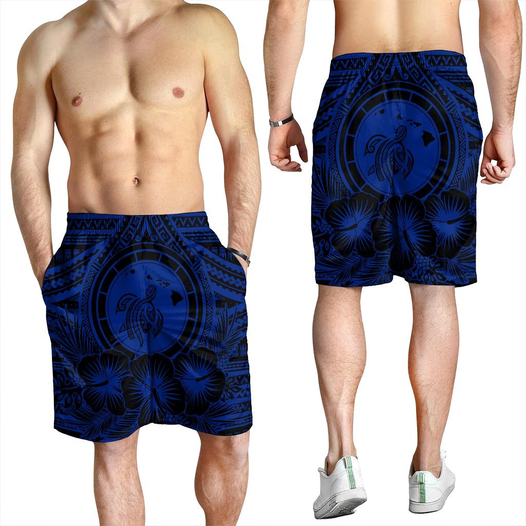 Hawaiian Map Honu Hibiscus Tropic Blue Polynesian Men's Shorts - AH - Polynesian Pride