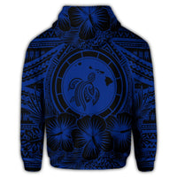 Hawaiian Map Honu Hibiscus Tropic Blue Polynesian Zip Hoodie - Polynesian Pride