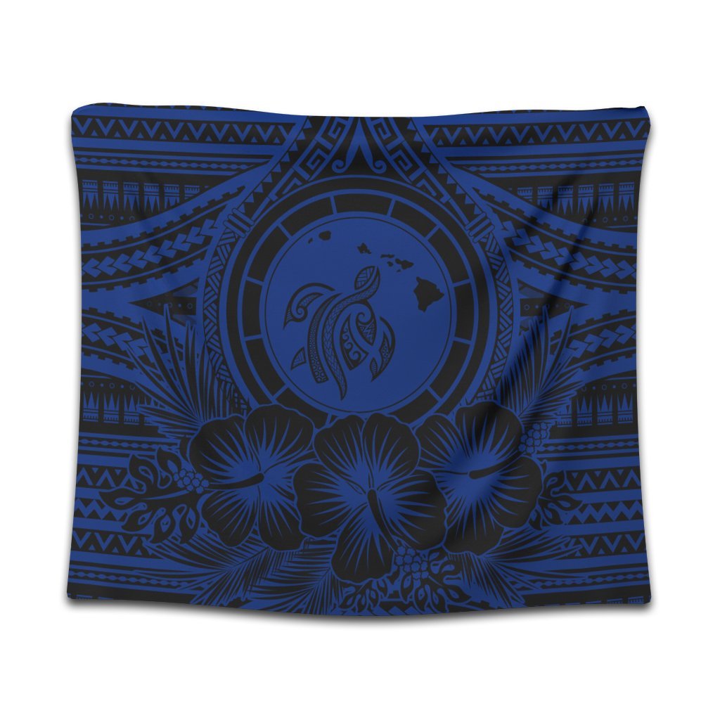 Hawaiian Map Honu Hibiscus Tropic Blue Polynesian Tapestry - AH Wall Tapestry Black - Polynesian Pride