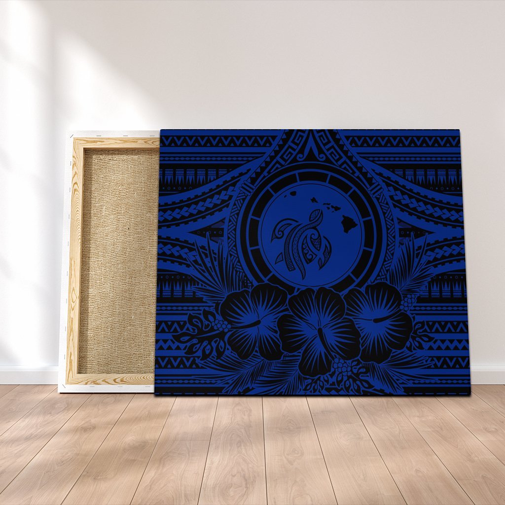 Hawaiian Map Honu Hibiscus Tropic Blue Polynesian Canvas - AH Canvas Poly-cotton - Polynesian Pride