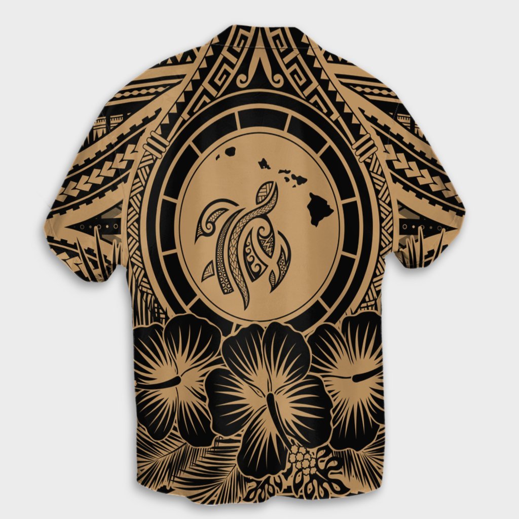 Hawaiian Map Honu Hibiscus Tropic Gold Polynesian Hawaiian Shirt - AH - Polynesian Pride