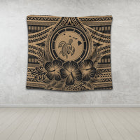 Hawaiian Map Honu Hibiscus Tropic Gold Polynesian Tapestry - AH - Polynesian Pride