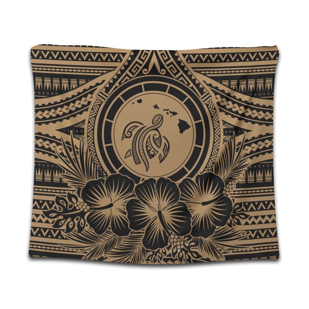 Hawaiian Map Honu Hibiscus Tropic Gold Polynesian Tapestry - AH Wall Tapestry Black - Polynesian Pride