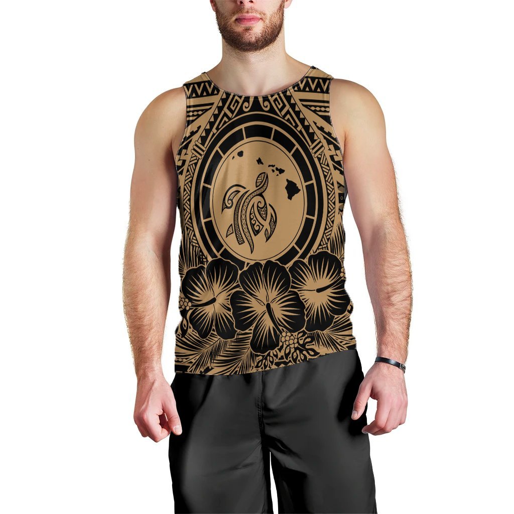 Hawaiian Map Honu Hibiscus Tropic Gold Polynesian Tank Top - AH Black - Polynesian Pride
