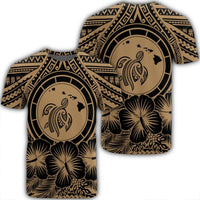 Hawaiian Map Honu Hibiscus Tropic Gold Polynesian T Shirt Unisex Black - Polynesian Pride