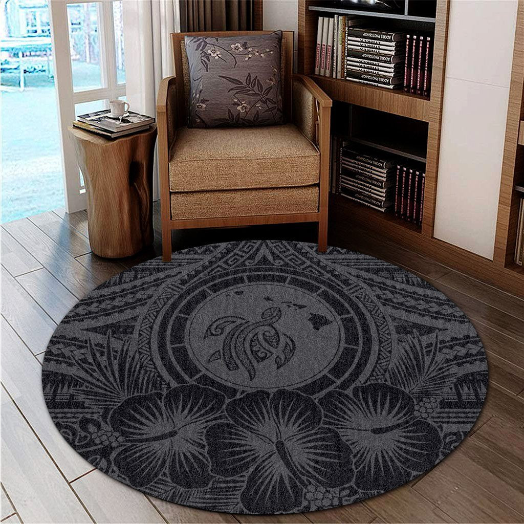 Hawaiian Map Honu Hibiscus Tropic Gray Polynesian Round Carpet - AH - Polynesian Pride
