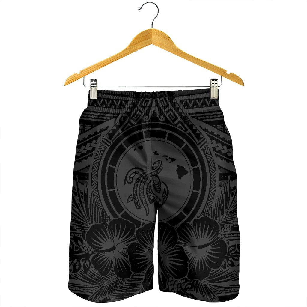 Hawaiian Map Honu Hibiscus Tropic Gray Polynesian Men's Shorts - AH - Polynesian Pride
