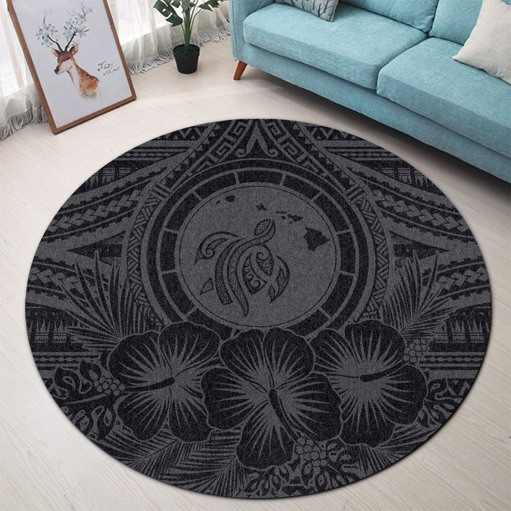 Hawaiian Map Honu Hibiscus Tropic Gray Polynesian Round Carpet - AH - Polynesian Pride
