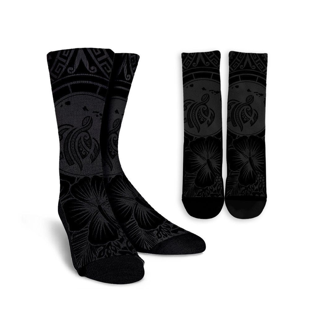 Hawaiian Map Honu Hibiscus Tropic Gray Polynesian Crew Socks - AH Crew Socks White - Polynesian Pride