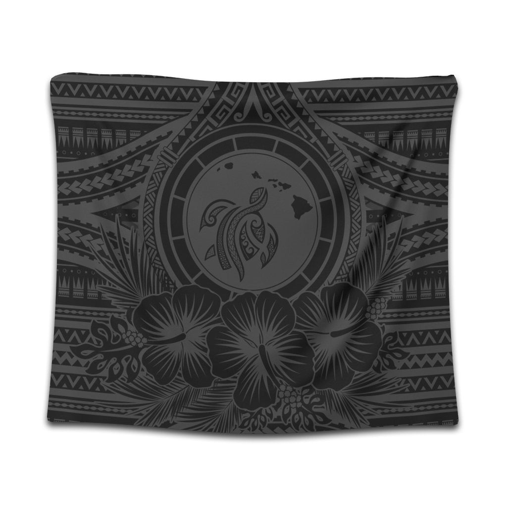 Hawaiian Map Honu Hibiscus Tropic Gray Polynesian Tapestry - AH Wall Tapestry Black - Polynesian Pride