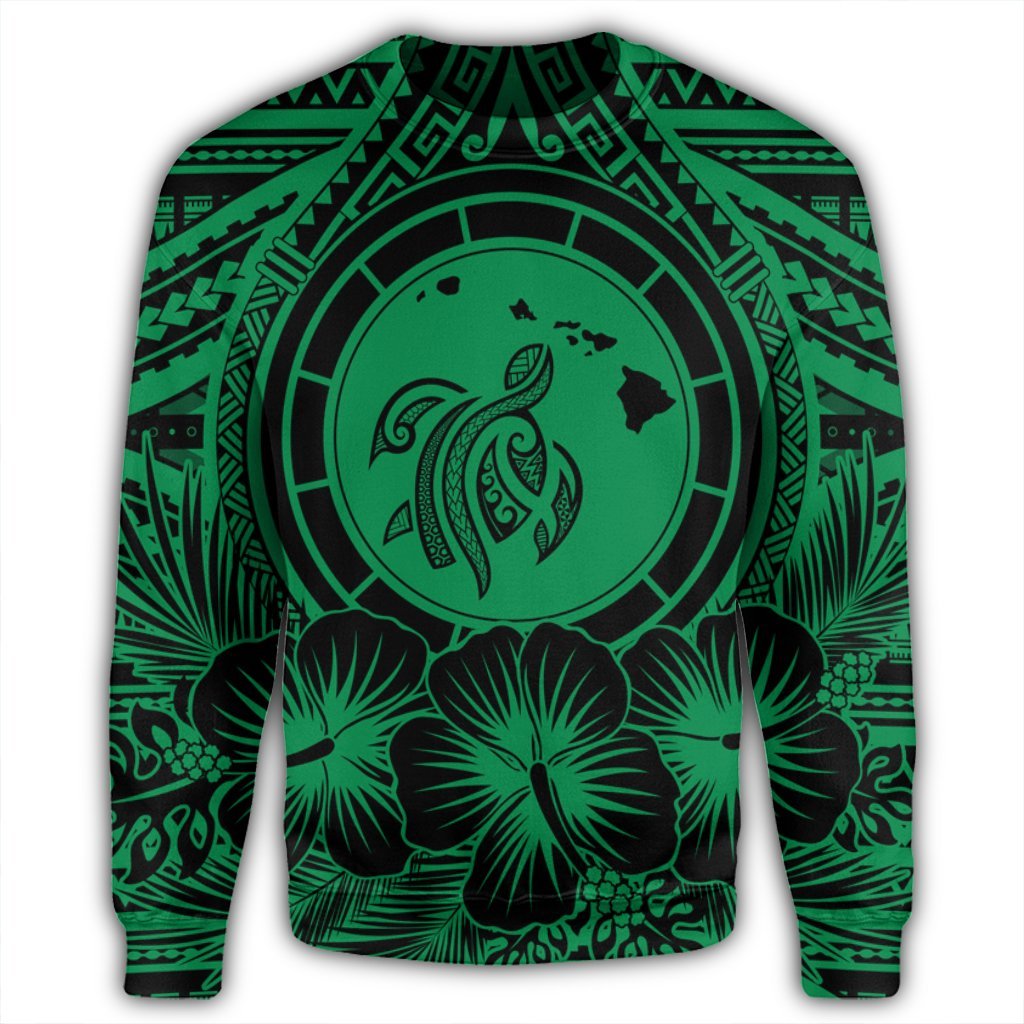 Hawaiian Map Honu Hibiscus Tropic Green Polynesian Sweatshirt - AH - Polynesian Pride