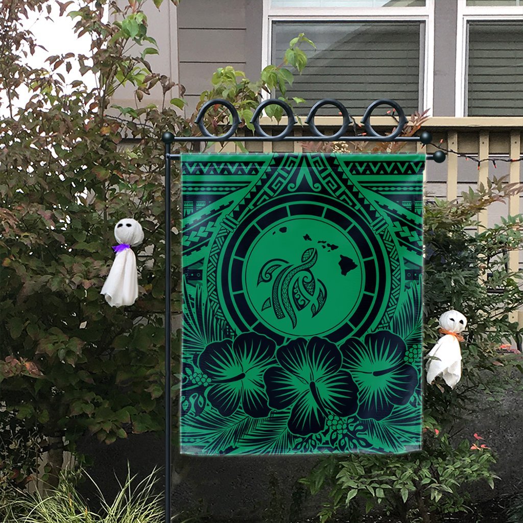 Hawaiian Map Honu Hibiscus Tropic Green Polynesian Flag - AH - Polynesian Pride