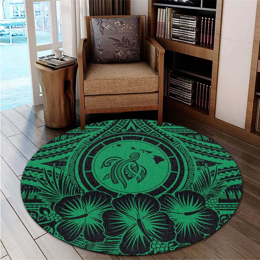 Hawaiian Map Honu Hibiscus Tropic Green Polynesian Round Carpet - AH - Polynesian Pride