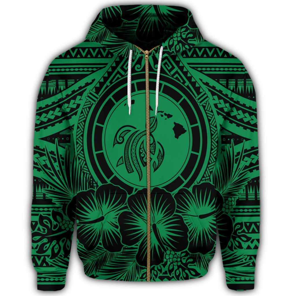 Hawaiian Map Honu Hibiscus Tropic Green Polynesian Zip Hoodie - Polynesian Pride