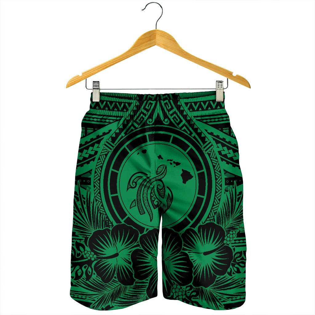 Hawaiian Map Honu Hibiscus Tropic Green Polynesian Men's Shorts - AH - Polynesian Pride