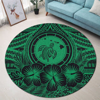 Hawaiian Map Honu Hibiscus Tropic Green Polynesian Round Carpet - AH - Polynesian Pride
