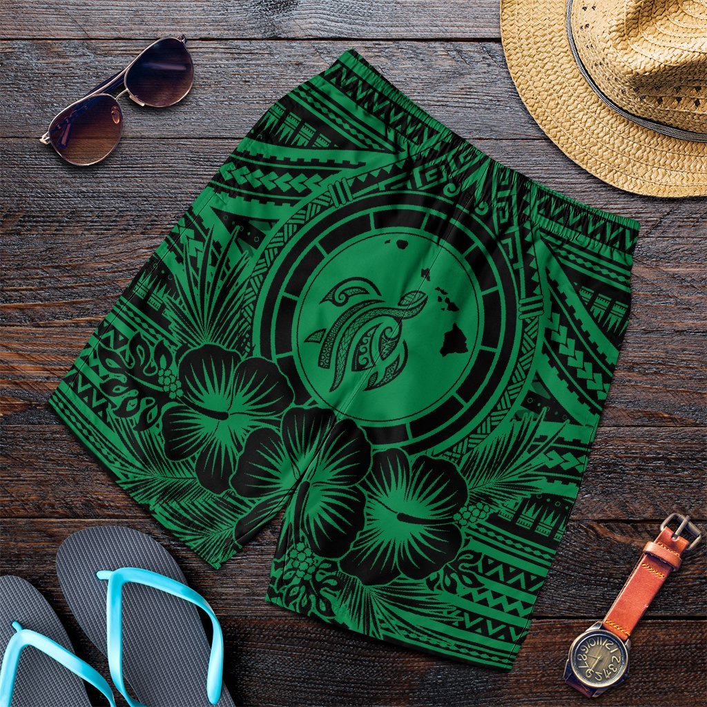 Hawaiian Map Honu Hibiscus Tropic Green Polynesian Men's Shorts - AH Art - Polynesian Pride