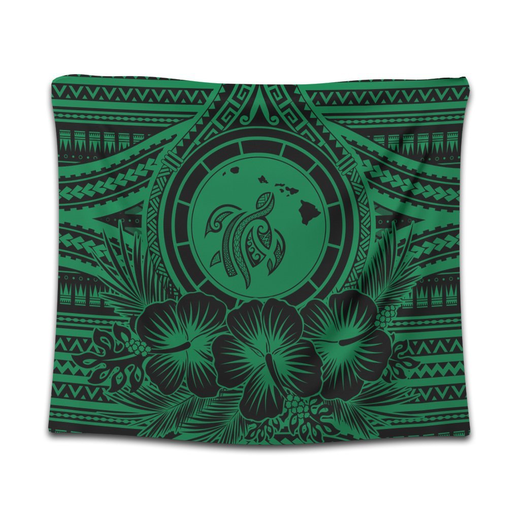 Hawaiian Map Honu Hibiscus Tropic Green Polynesian Tapestry - AH Wall Tapestry Black - Polynesian Pride