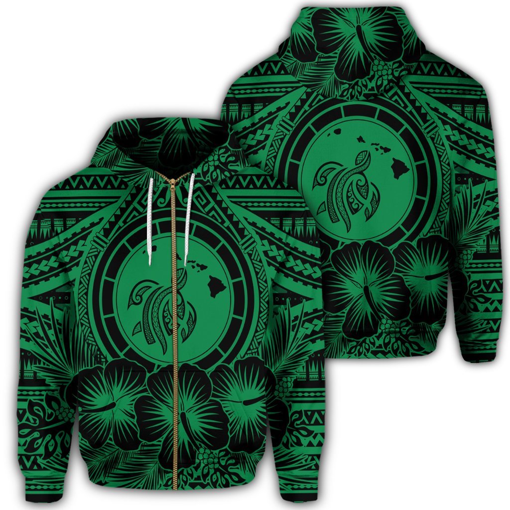 Hawaiian Map Honu Hibiscus Tropic Green Polynesian Zip Hoodie Unisex Art - Polynesian Pride