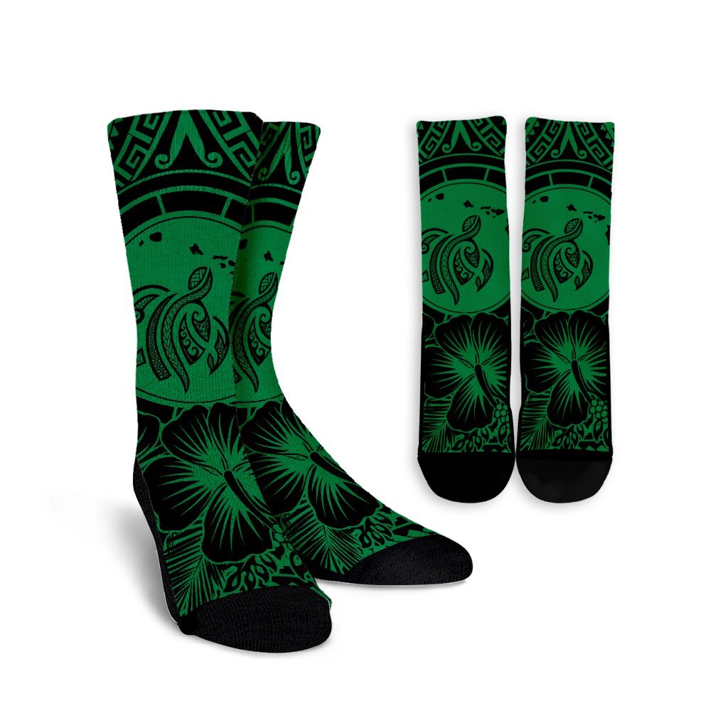 Hawaiian Map Honu Hibiscus Tropic Green Polynesian Crew Socks - AH Crew Socks White - Polynesian Pride