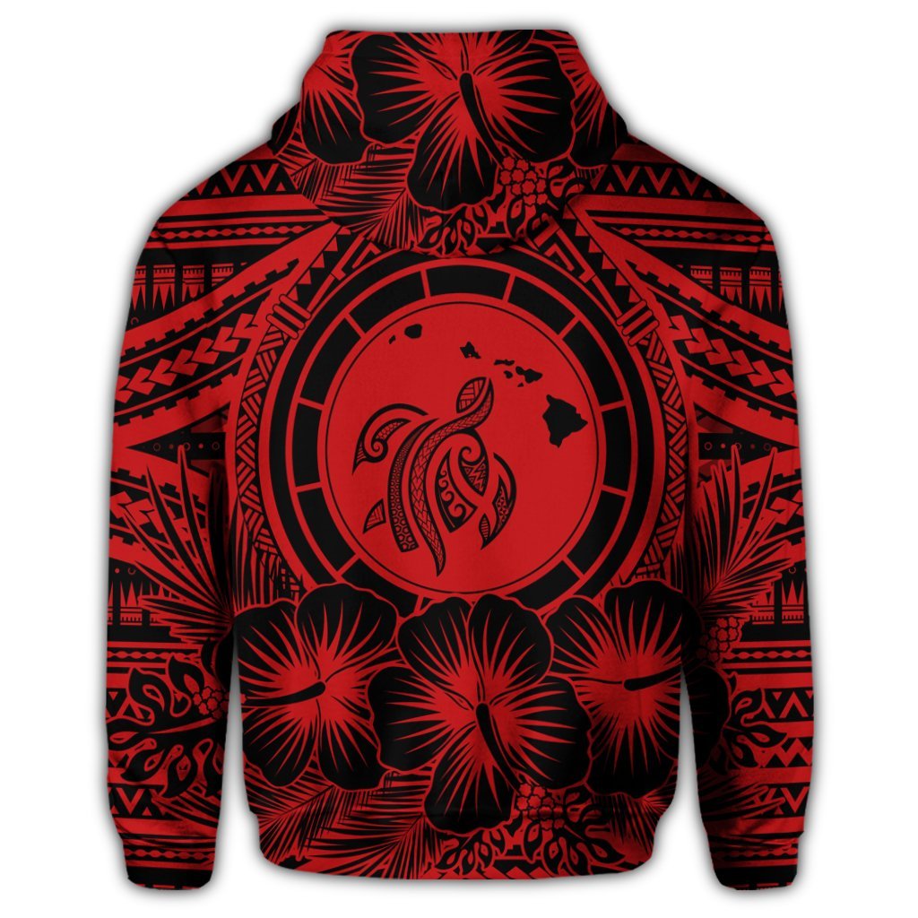 Hawaiian Map Honu Hibiscus Tropic Red Polynesian Zip Hoodie - Polynesian Pride