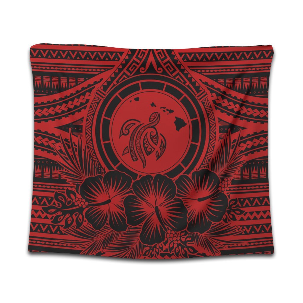 Hawaiian Map Honu Hibiscus Tropic Red Polynesian Tapestry - AH Wall Tapestry Black - Polynesian Pride