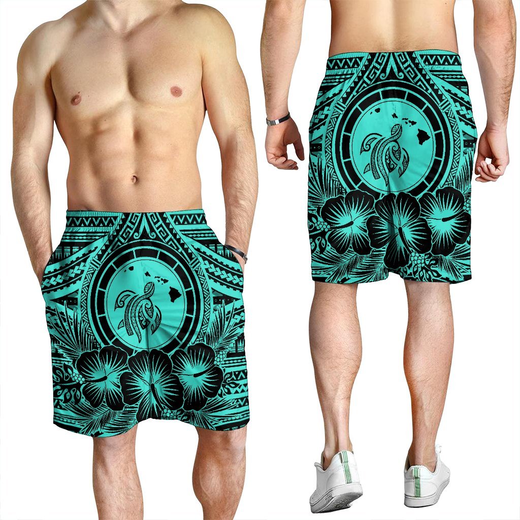 Hawaiian Map Honu Hibiscus Tropic Turquoise Polynesian Men's Shorts - AH - Polynesian Pride