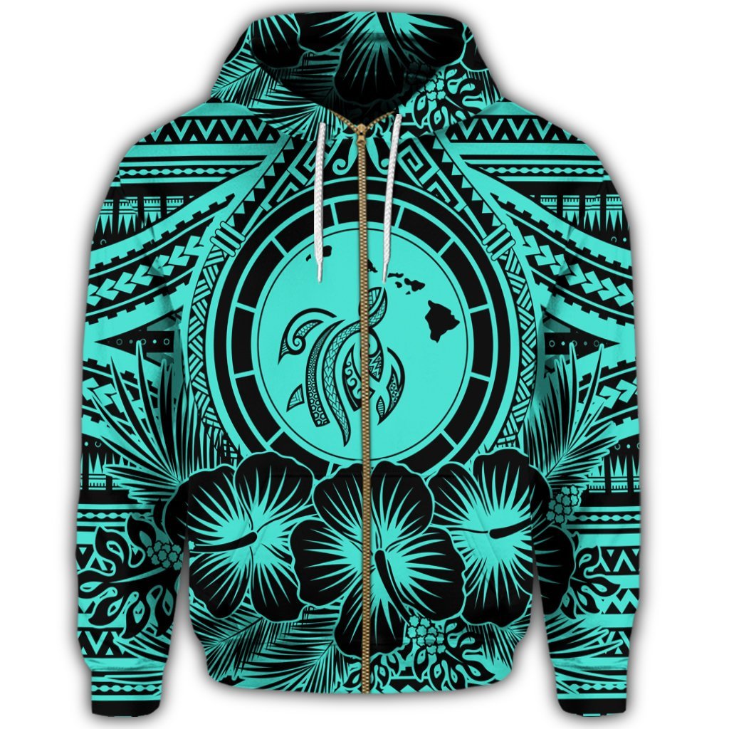 Hawaiian Map Honu Hibiscus Tropic Turquoise Polynesian Zip Hoodie - Polynesian Pride