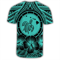 Hawaiian Map Honu Hibiscus Tropic Turquoise Polynesian T Shirt - Polynesian Pride
