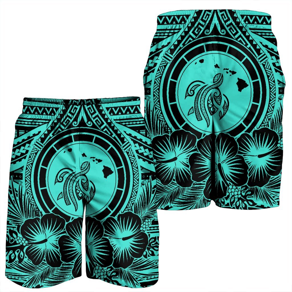 Hawaiian Map Honu Hibiscus Tropic Turquoise Polynesian Men's Shorts - AH - Polynesian Pride