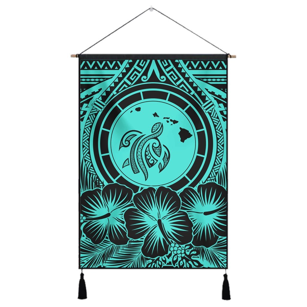Hawaiian Map Honu Hibiscus Tropic Turquoise Polynesian Hanging Poster - AH Hanging Poster Cotton And Linen - Polynesian Pride