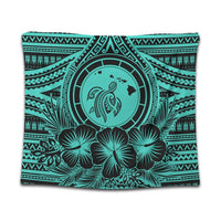 Hawaiian Map Honu Hibiscus Tropic Turquoise Polynesian Tapestry - AH Wall Tapestry Black - Polynesian Pride