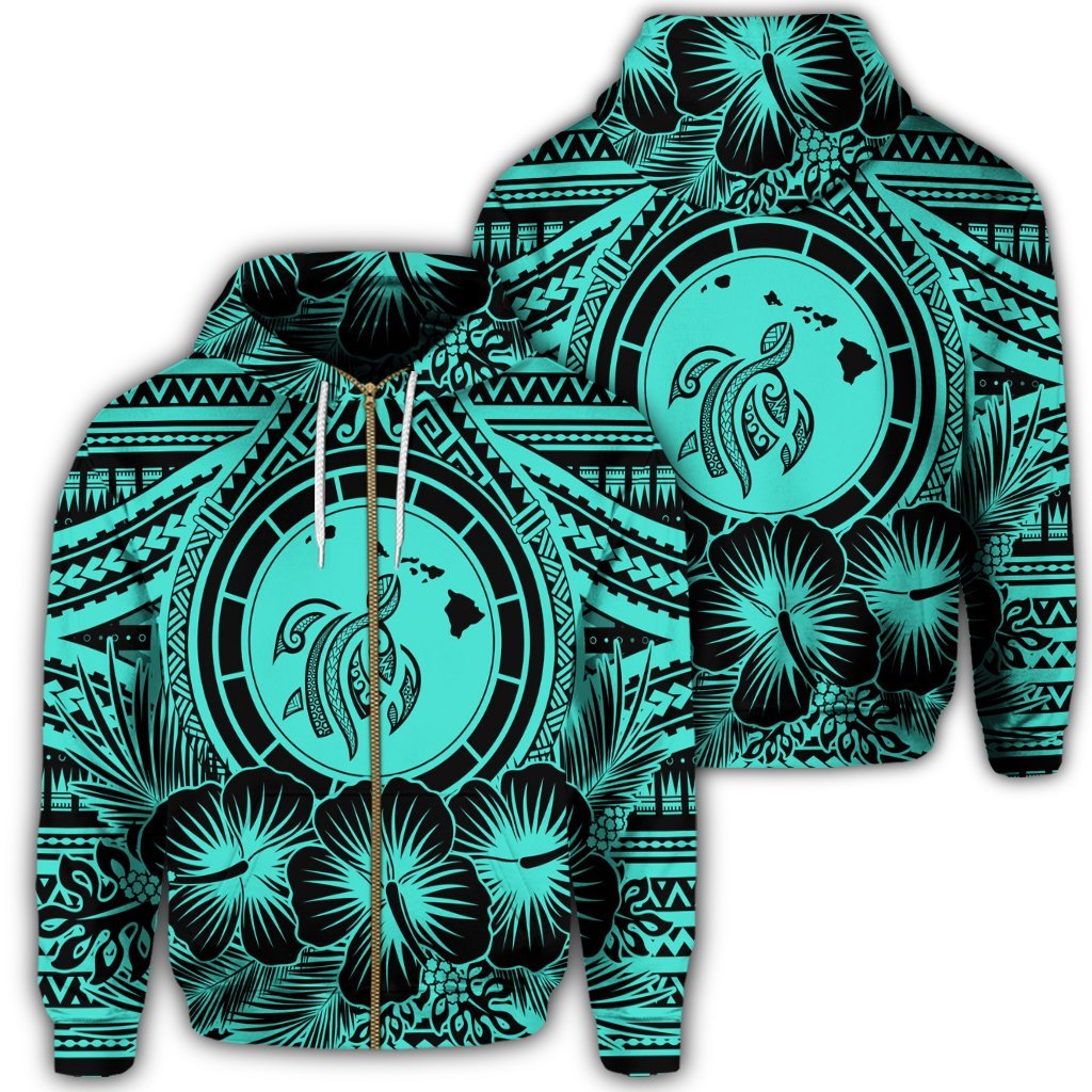Hawaiian Map Honu Hibiscus Tropic Turquoise Polynesian Zip Hoodie Unisex Art - Polynesian Pride