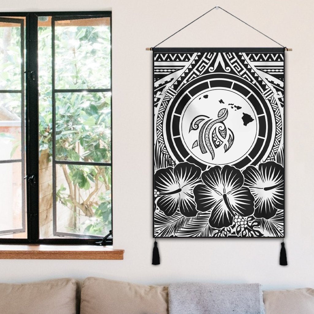 Hawaiian Map Honu Hibiscus Tropic White Polynesian Hanging Poster - AH - Polynesian Pride