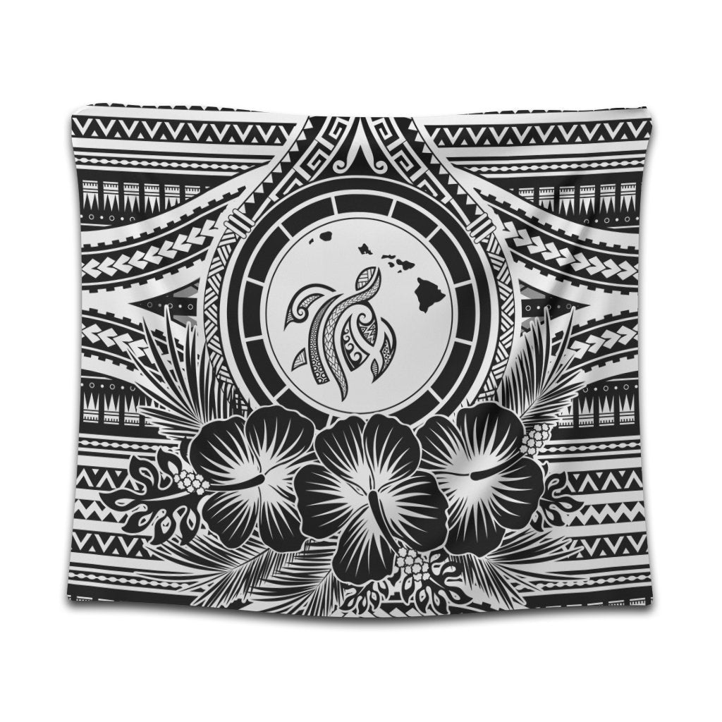 Hawaiian Map Honu Hibiscus Tropic White Polynesian Tapestry - AH Wall Tapestry Black - Polynesian Pride