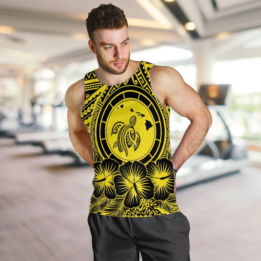 Hawaiian Map Honu Hibiscus Tropic Yellow Polynesian Tank Top - AH - Polynesian Pride