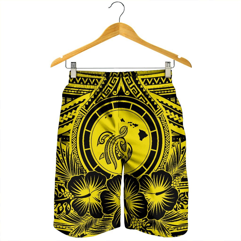 Hawaiian Map Honu Hibiscus Tropic Yellow Polynesian Men's Shorts - AH - Polynesian Pride