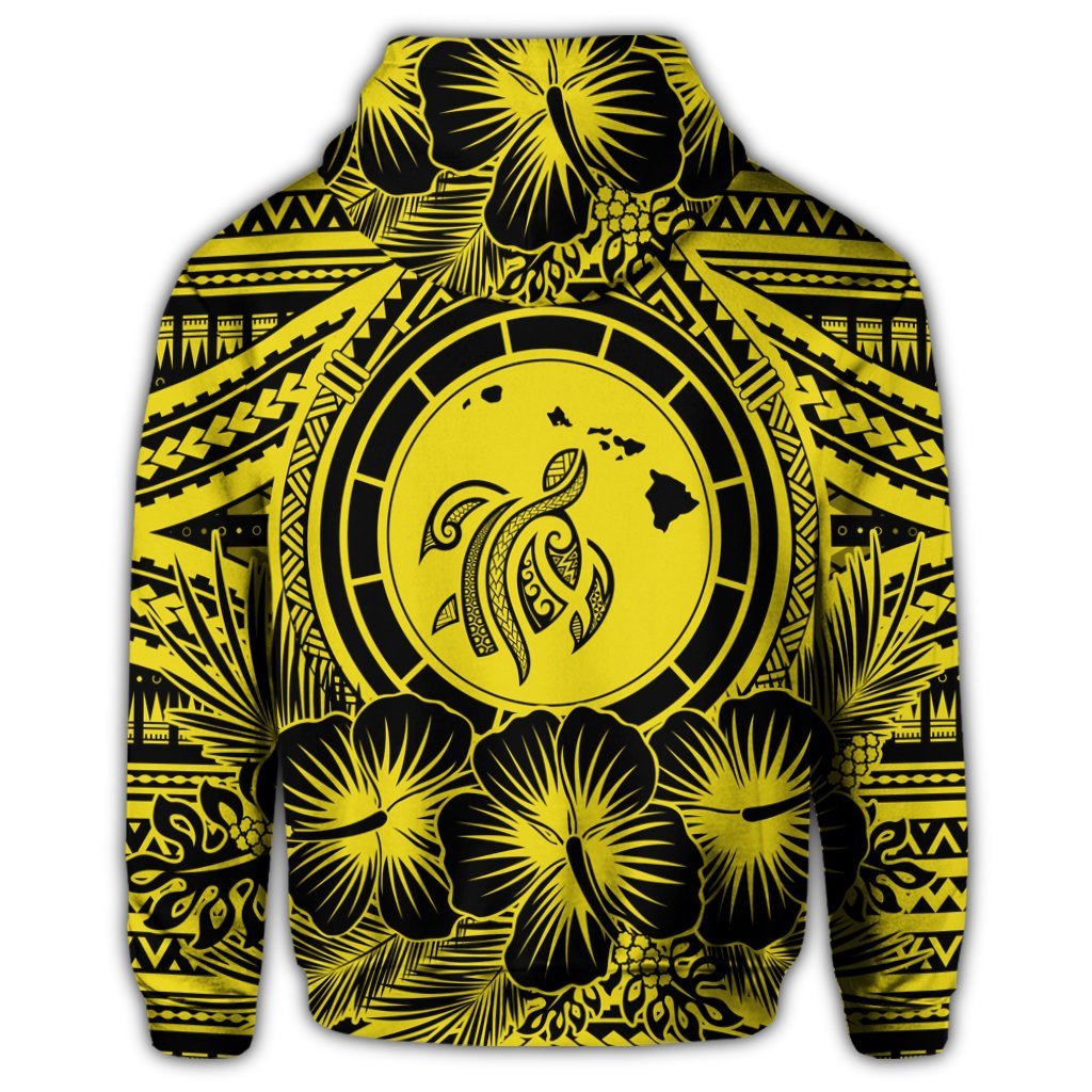 Hawaiian Map Honu Hibiscus Tropic Yellow Polynesian Hoodie - Polynesian Pride