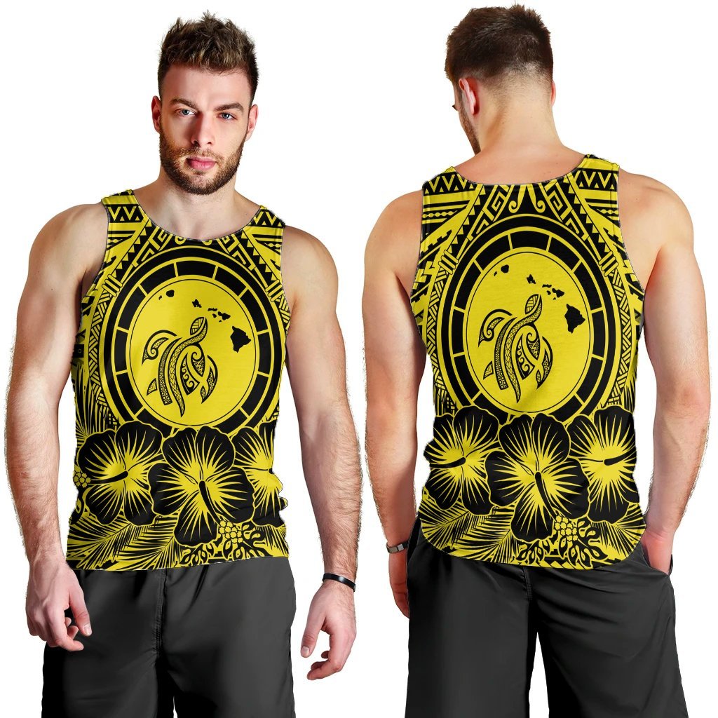 Hawaiian Map Honu Hibiscus Tropic Yellow Polynesian Tank Top - AH - Polynesian Pride