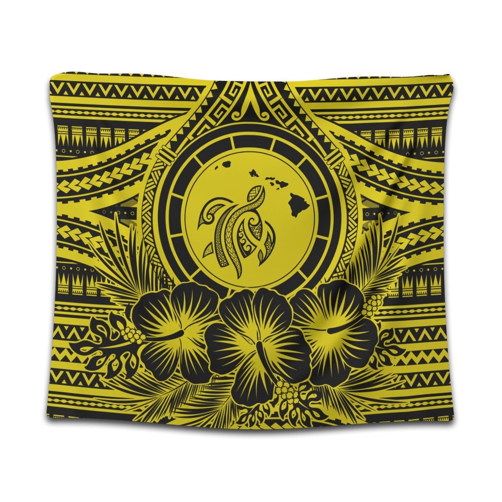 Hawaiian Map Honu Hibiscus Tropic Yellow Polynesian Tapestry - AH Wall Tapestry Black - Polynesian Pride
