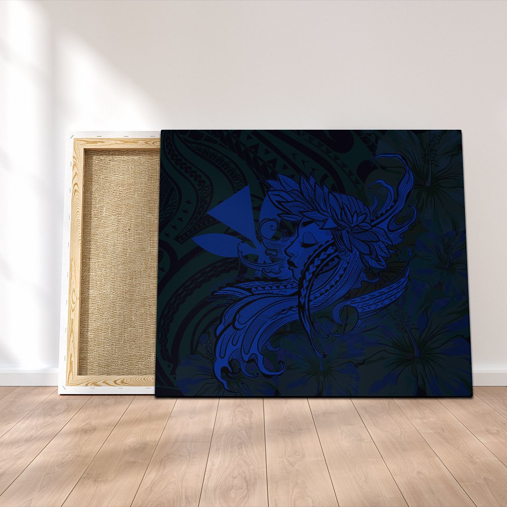 Hawaiian Map Hula Girl Hibiscus Kanaka Polynesian Canvas - Blue - AH Canvas Poly-cotton - Polynesian Pride