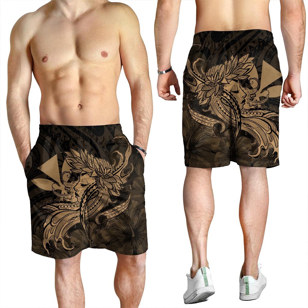 Hawaiian Map Hula Girl Hibiscus Kanaka Polynesian Men's Shorts - Gold - AH - Polynesian Pride