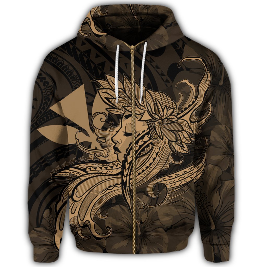 Hawaiian Map Hula Girl Hibiscus Kanaka Polynesian Zip Hoodie Gold - Polynesian Pride