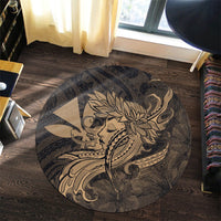 Hawaiian Map Hula Girl Hibiscus Kanaka Polynesian Round Carpet - Gold - AH - Polynesian Pride