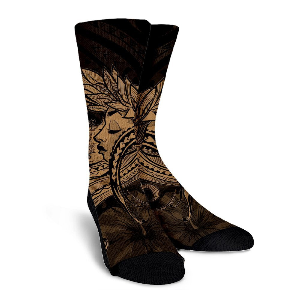 Hawaiian Map Hula Girl Hibiscus Kanaka Polynesian Crew Socks - Gold - AH - Polynesian Pride
