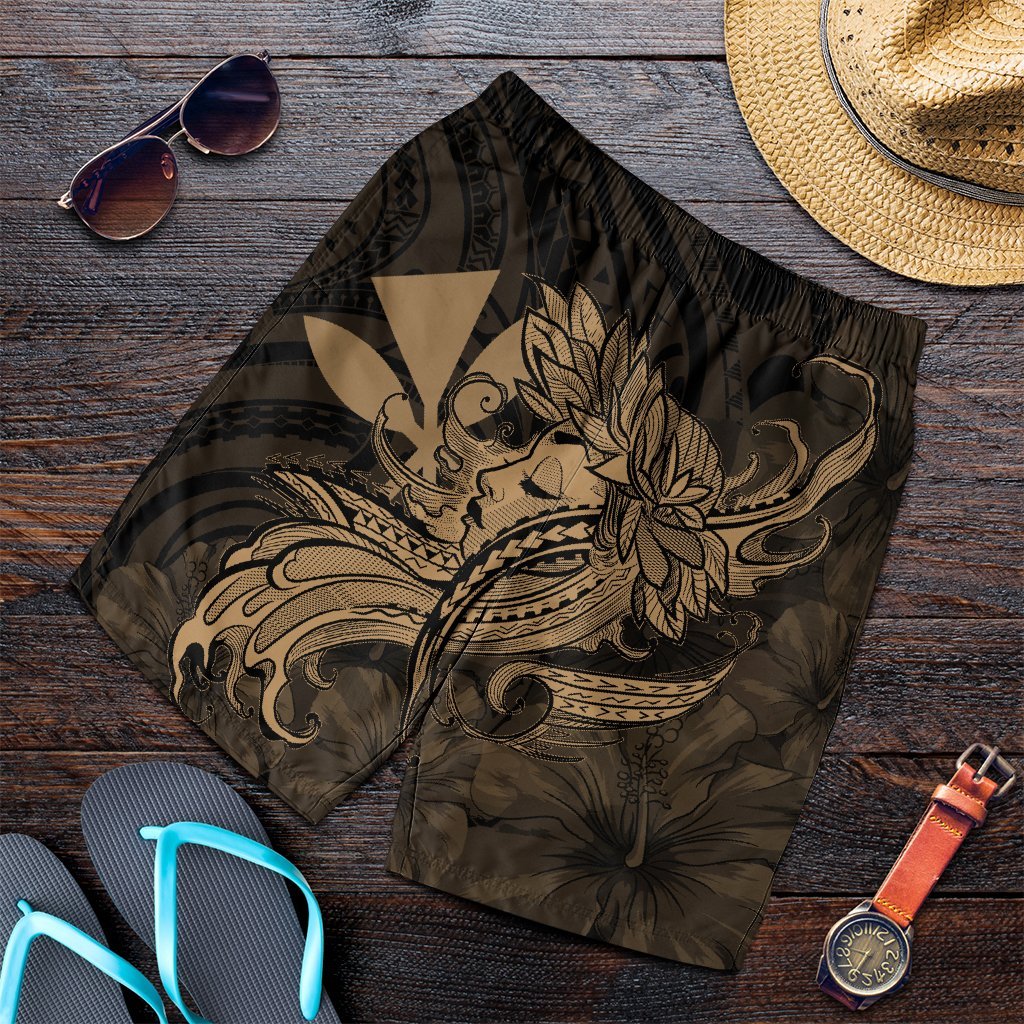 Hawaiian Map Hula Girl Hibiscus Kanaka Polynesian Men's Shorts - Gold - AH Art - Polynesian Pride