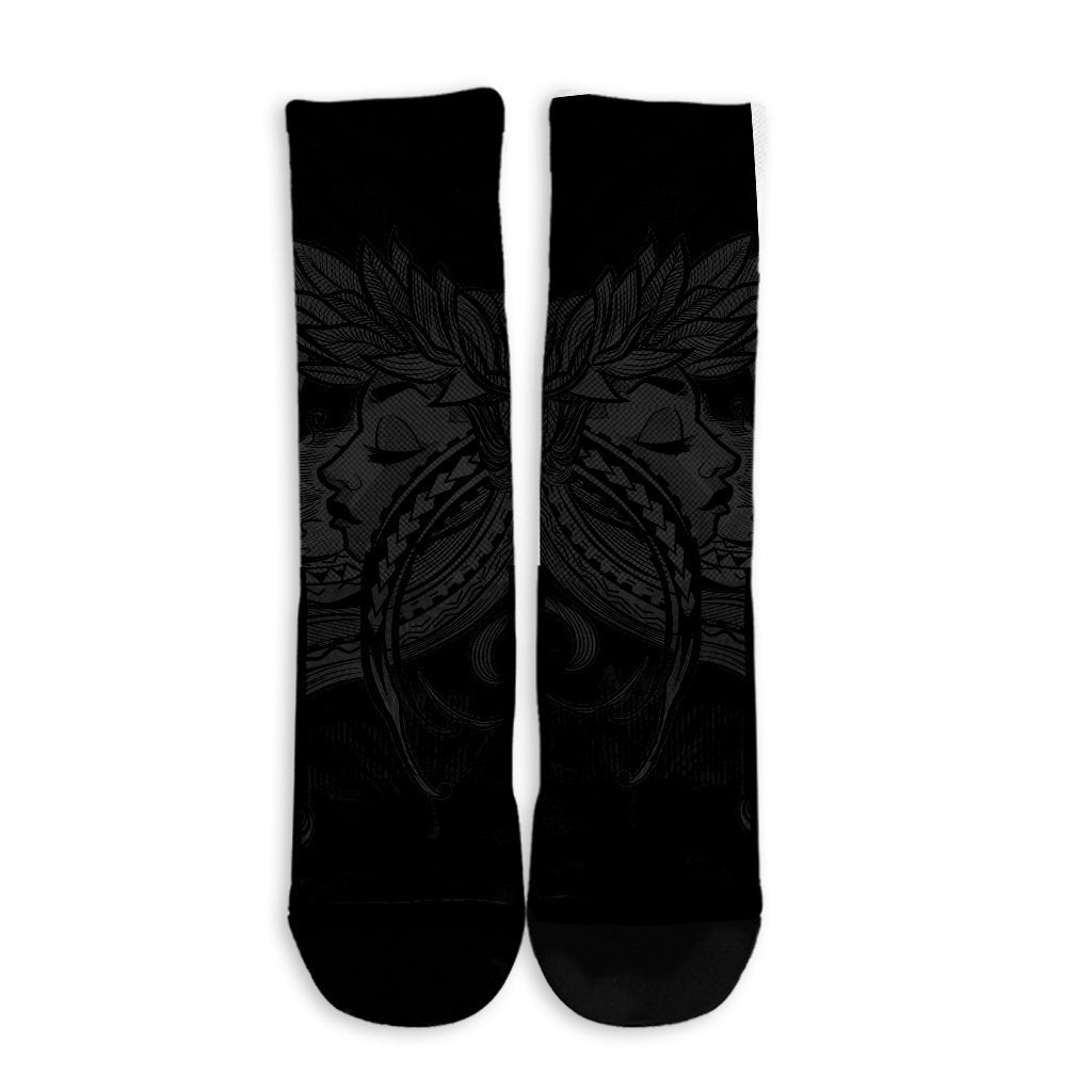 Hawaiian Map Hula Girl Hibiscus Kanaka Polynesian Crew Socks - Gray - AH - Polynesian Pride