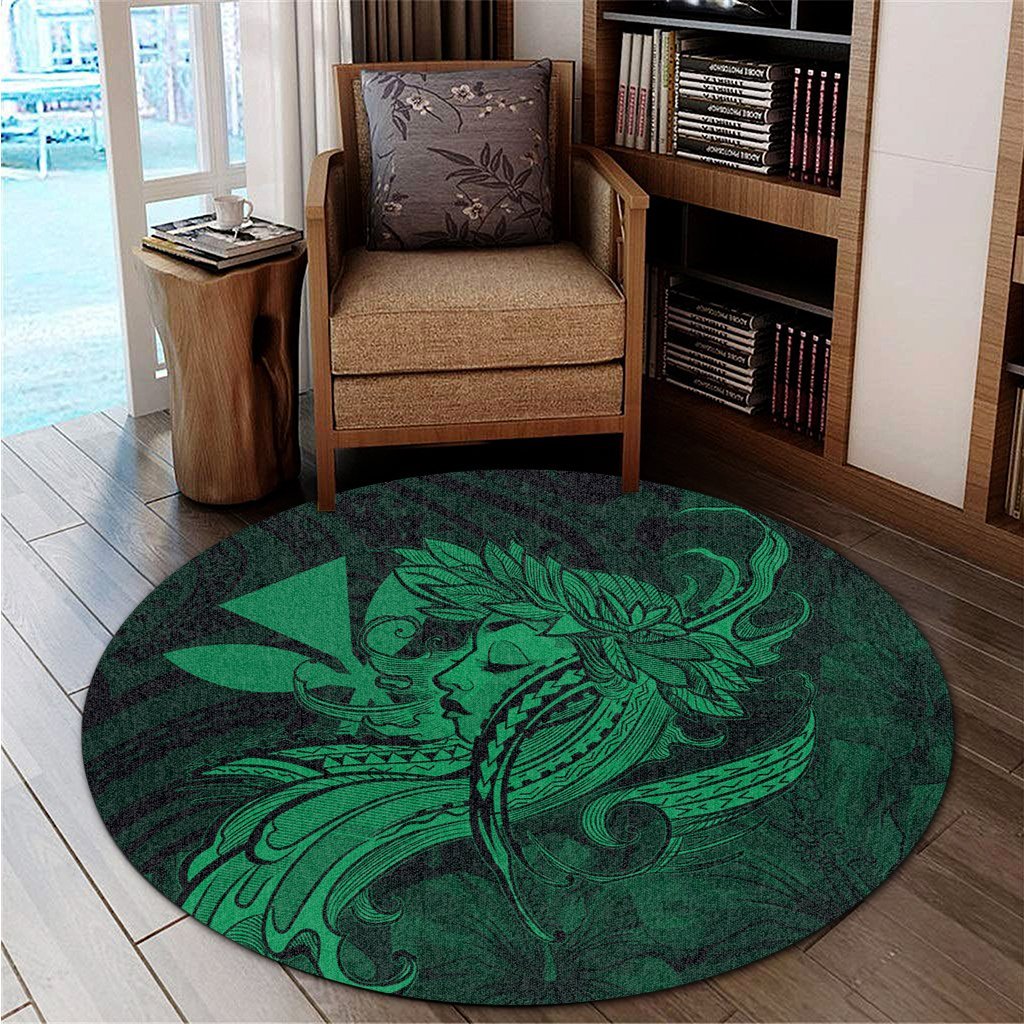 Hawaiian Map Hula Girl Hibiscus Kanaka Polynesian Round Carpet - Green - AH - Polynesian Pride