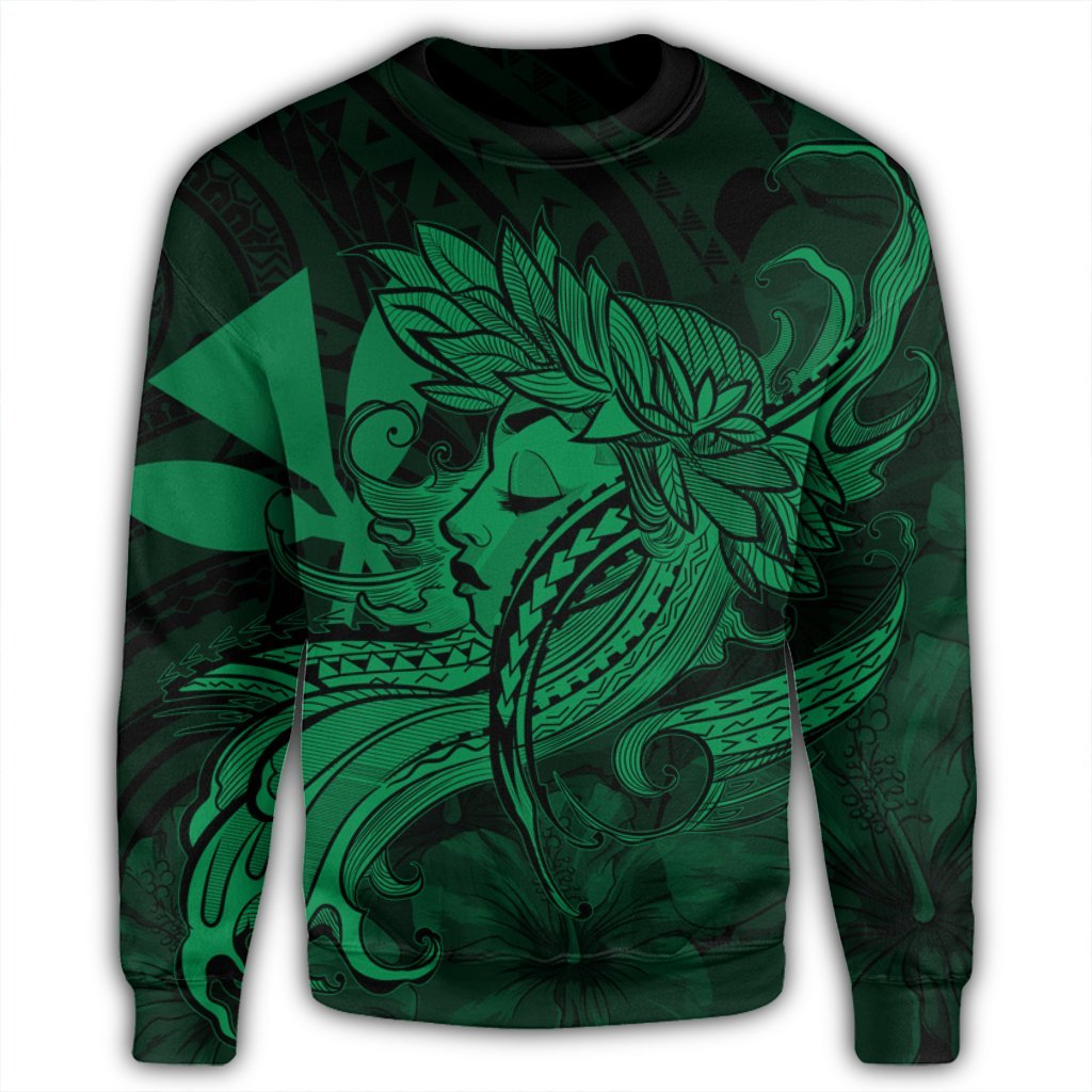 Hawaiian Map Hula Girl Hibiscus Kanaka Polynesian Sweatshirt - Green - AH - Polynesian Pride