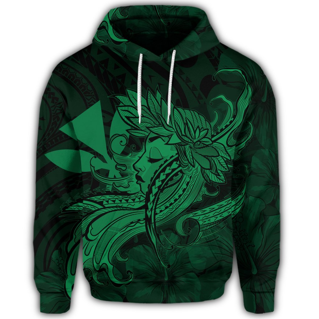 Hawaiian Map Hula Girl Hibiscus Kanaka Polynesian Hoodie Green - Polynesian Pride